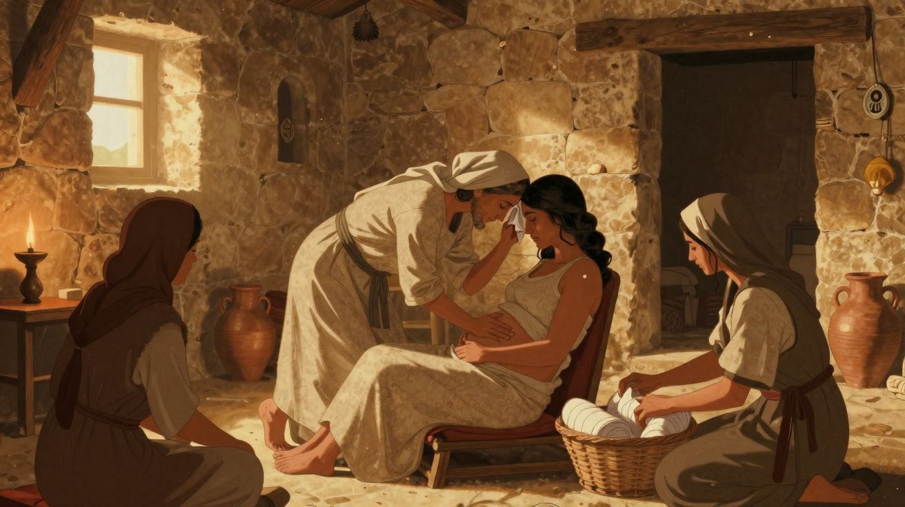 Mulher grávida sentada enquanto outra cuida dela e duas pessoas observam numa sala de pedra rústica.