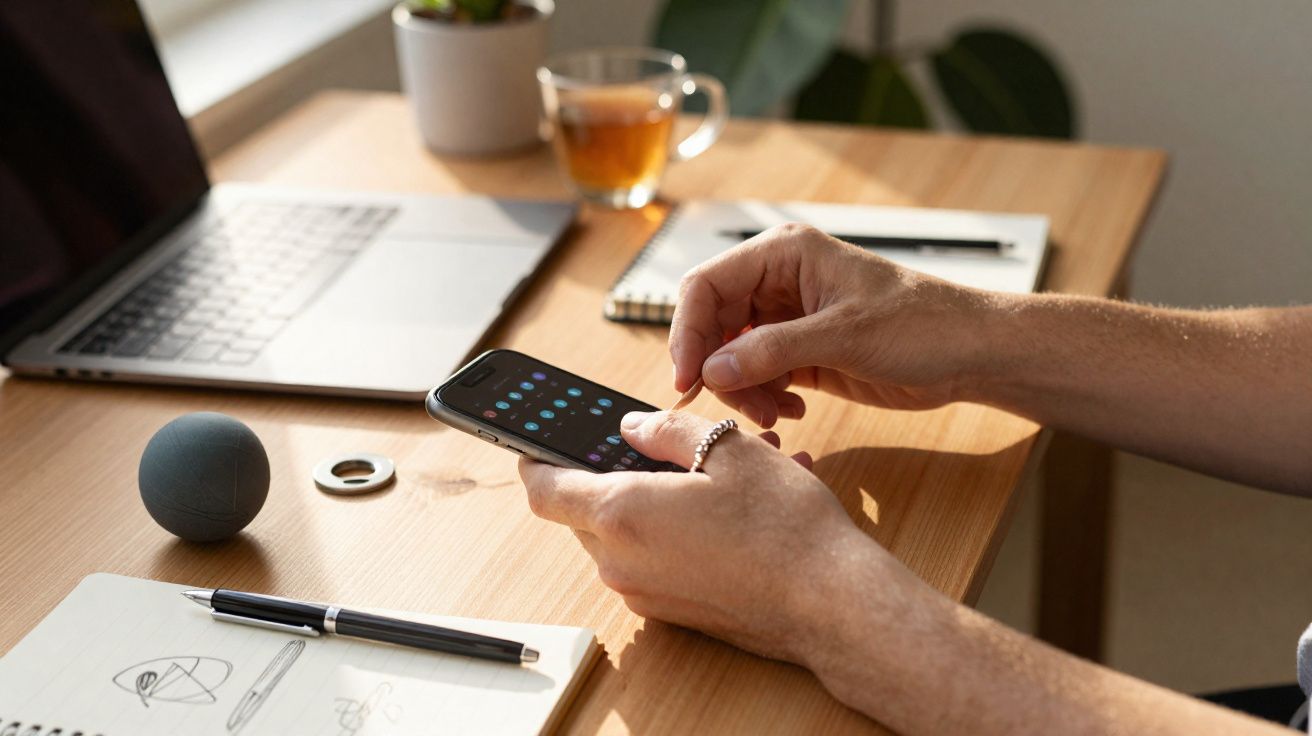 Pessoa a usar smartphone numa secretária com portátil, caderno, caneta, chá e uma planta desfocada ao fundo.