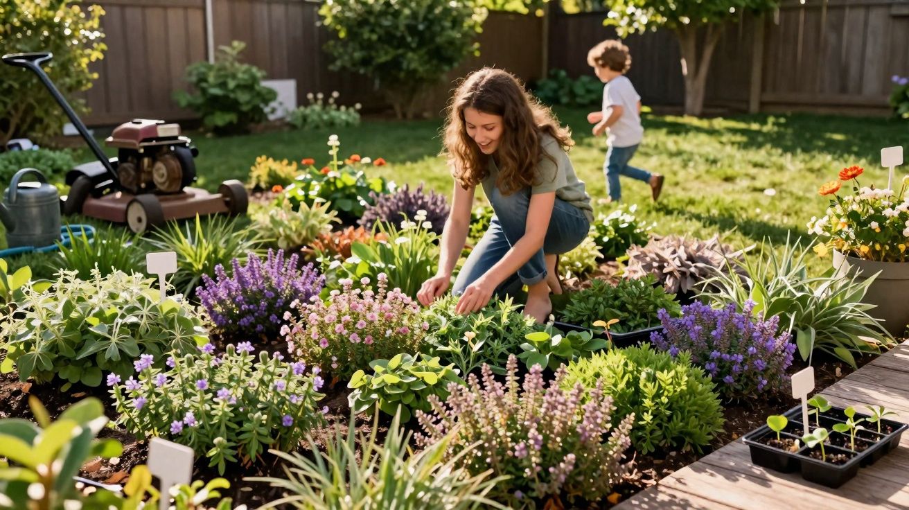 Mulher a cuidar de jardim florido com criança a brincar ao fundo num dia ensolarado.