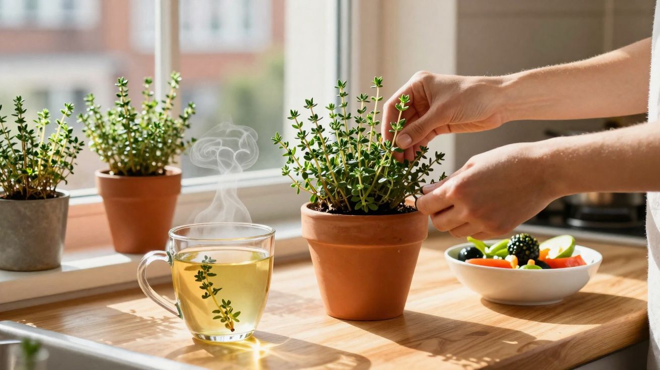 Mãos a colher ervas aromáticas de vaso perto de chá quente e taça de frutas numa cozinha iluminada.