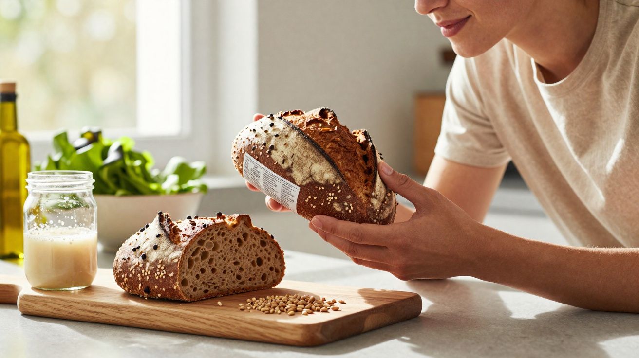 Pessoa a cheirar pão artesanal cortado, colocado numa tábua de madeira numa cozinha iluminada.