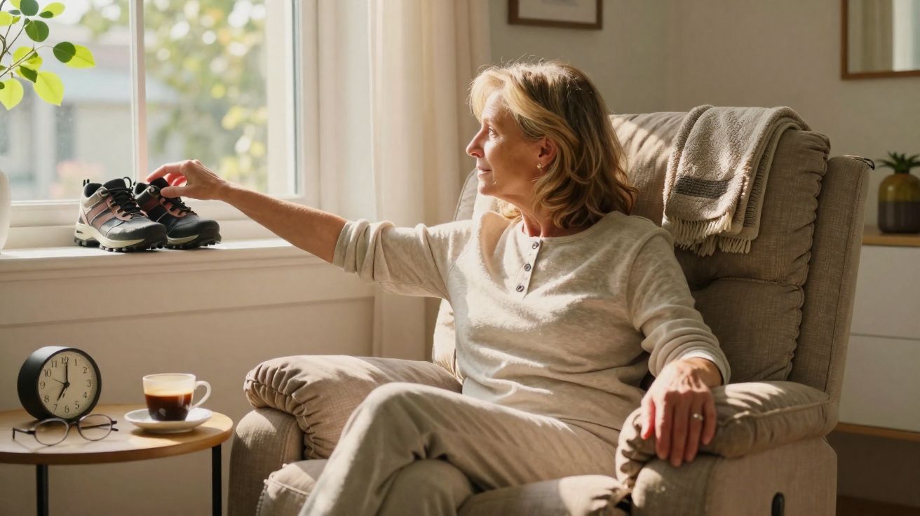 Mulher sentada numa poltrona a alcançar uns ténis na janela, com luz natural a entrar na divisão.
