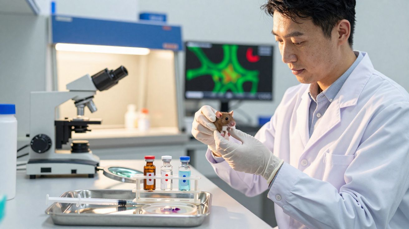 Cientista em laboratório a segurar um rato para pesquisa, com microscópio e frascos de reagentes na bancada.