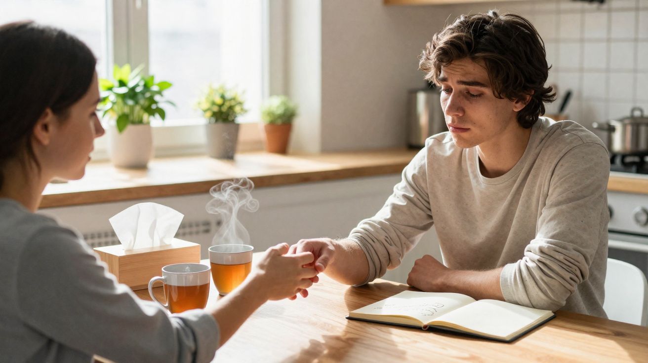 Duas pessoas sentadas à mesa, uma conforta a outra segurando-lhe a mão, com chá quente à frente.