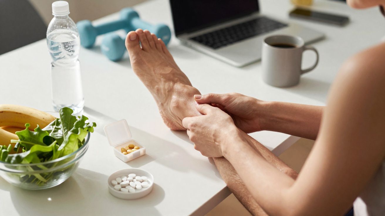 Pessoa massageia o tornozelo sentado à mesa com alimentos, medicamentos, halteres e computador.