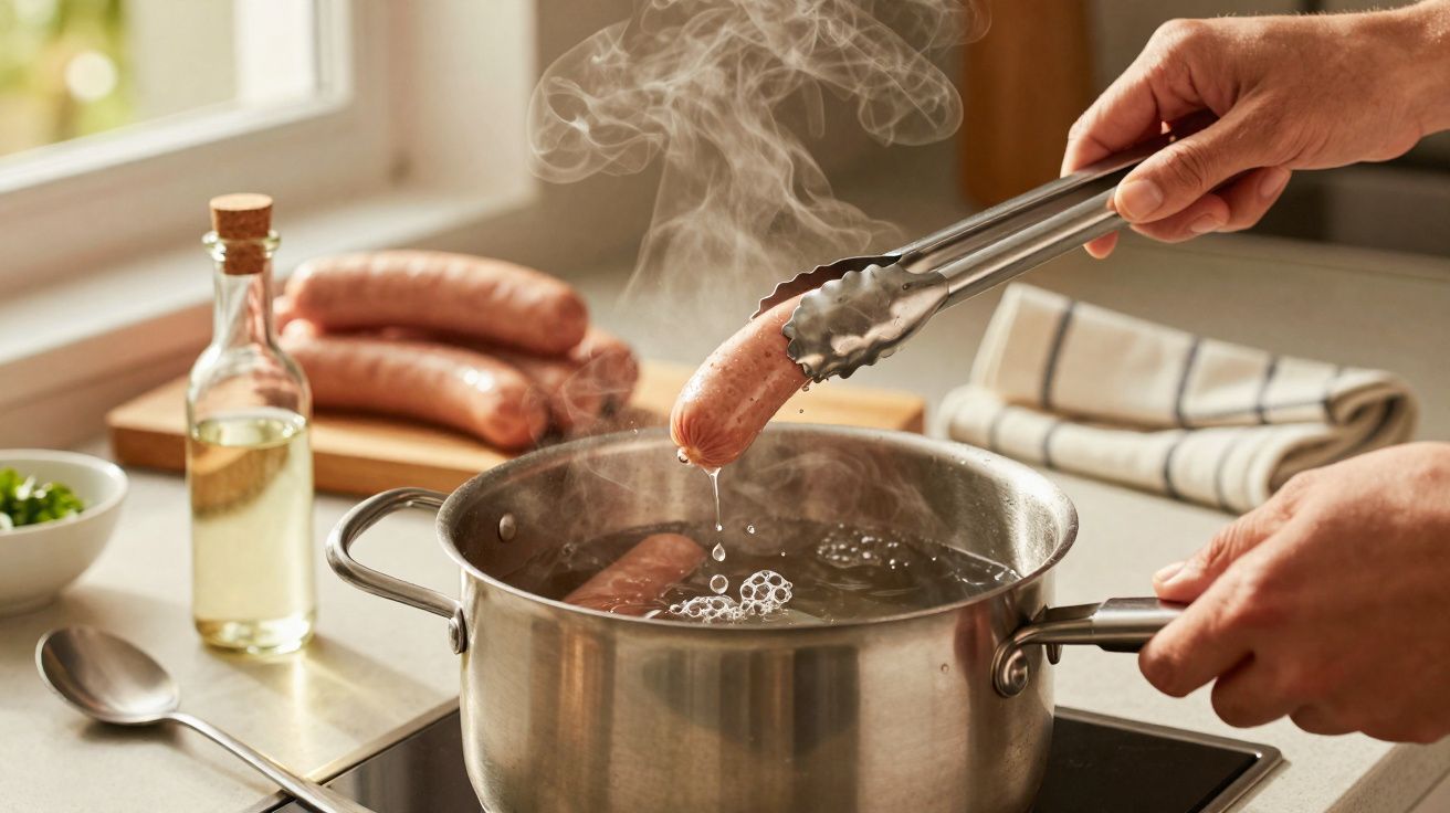 Mãos a retirar salsicha fumegante de panela a ferver numa cozinha iluminada pela janela.
