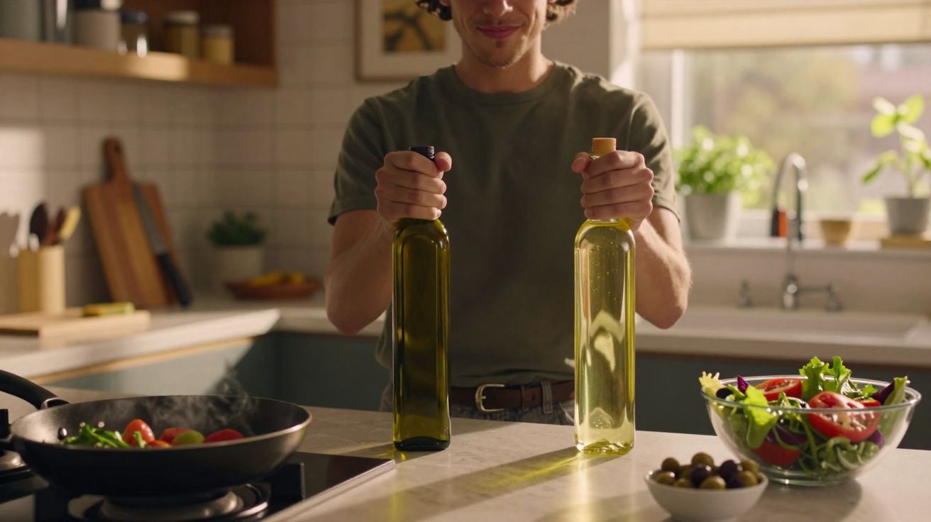 Homem na cozinha segurando duas garrafas, uma com azeite e outra com óleo, com legumes frescos e salada na bancada.