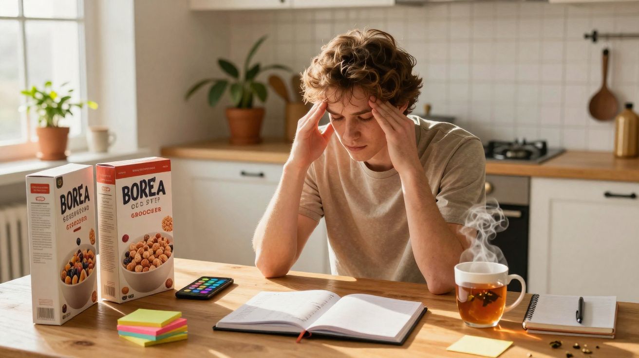 Jovem com expressão cansada ou preocupada sentado à mesa com livros, chá quente e caixas de cereais na cozinha.