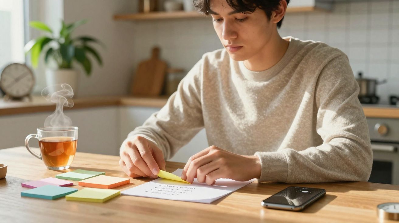 Jovem sentado numa mesa a organizar notas autocolantes, com chá quente, telemóvel e relógio próximo no espaço luminoso da coz