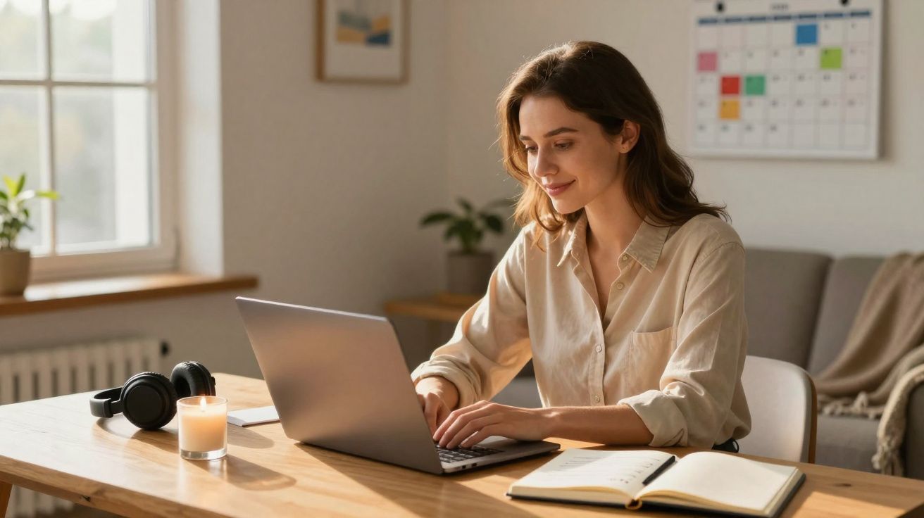 Mulher a trabalhar num portátil numa mesa com caderno, vela acesa e auscultadores, em ambiente luminoso e tranquilo.