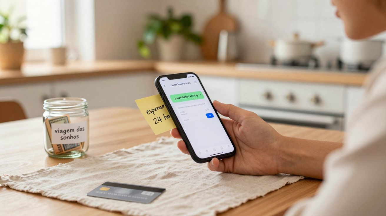 Pessoa a fazer pagamento online no telemóvel, jarro com notas rotulado "viagem dos sonhos" e cartão sobre mesa.