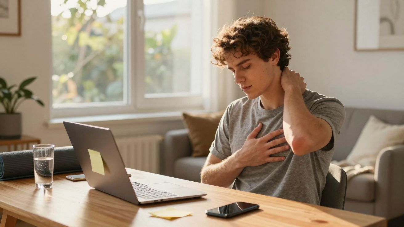 Homem jovem sentado a trabalhar num computador portátil, com expressão de desconforto e a tocar o pescoço.