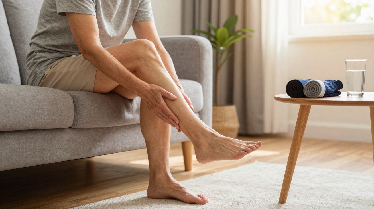 Pessoa sentada no sofá a segurar a perna, num ambiente doméstico iluminado e acolhedor.