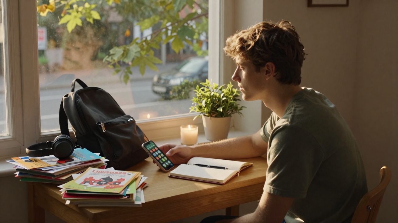 Jovem sentado à mesa junto à janela, olhando para o telemóvel, com livros, mochila e planta à sua volta.