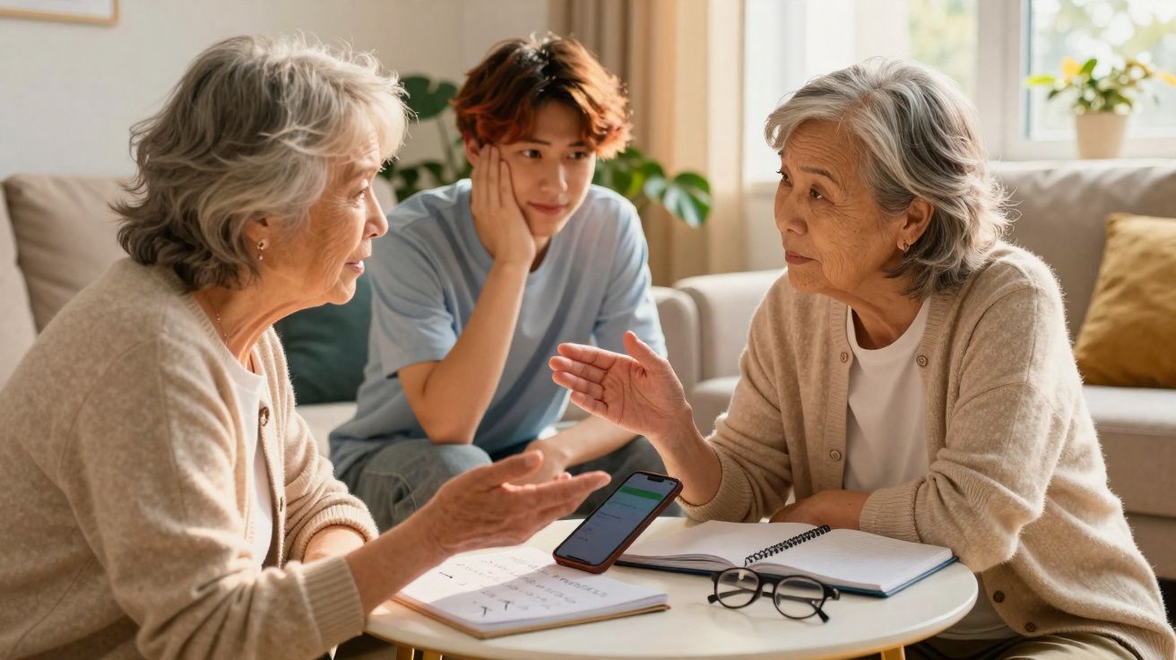 Duas mulheres idosas conversam enquanto um jovem as observa, sentados à mesa com cadernos e um telemóvel.