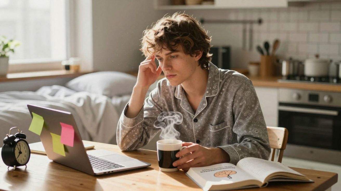 Jovem de pijama sentado à mesa, a olhar para o computador, com caneca de café e livro aberto à frente.