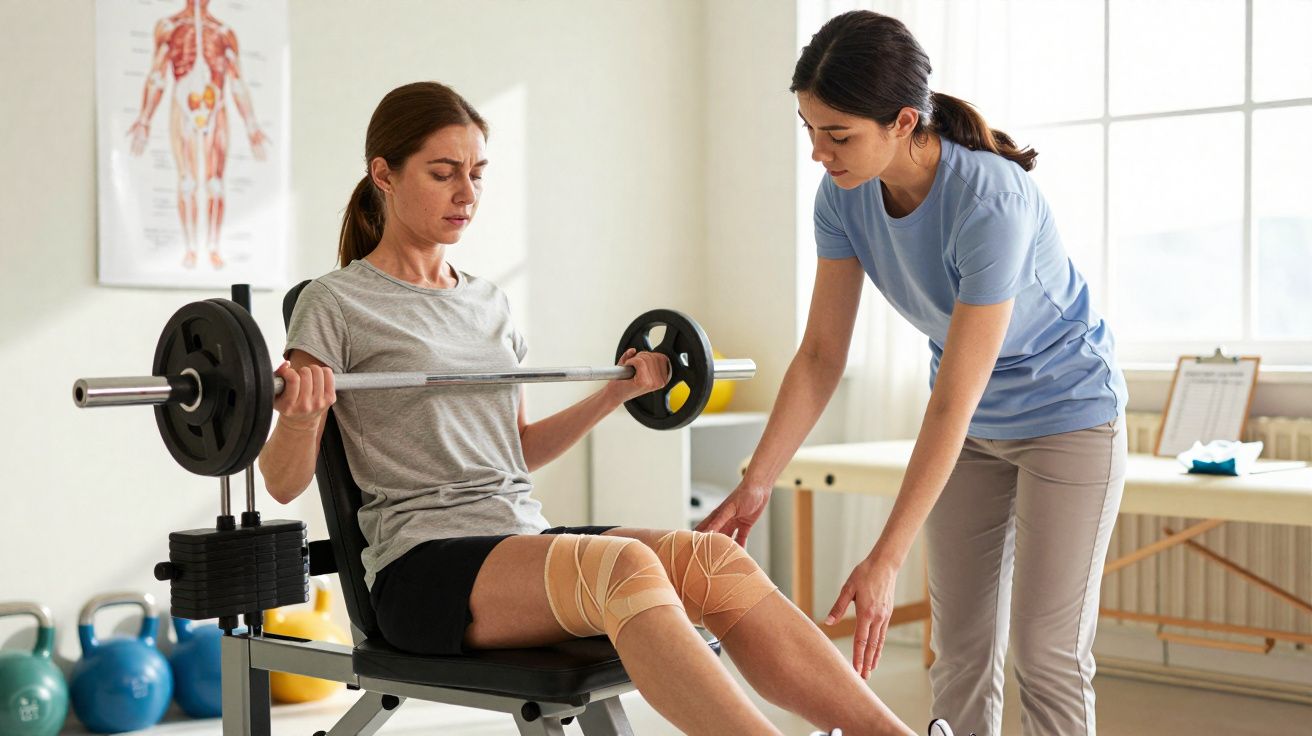 Mulher a fazer exercício com barra, acompanhada por terapeuta num consultório de fisioterapia.