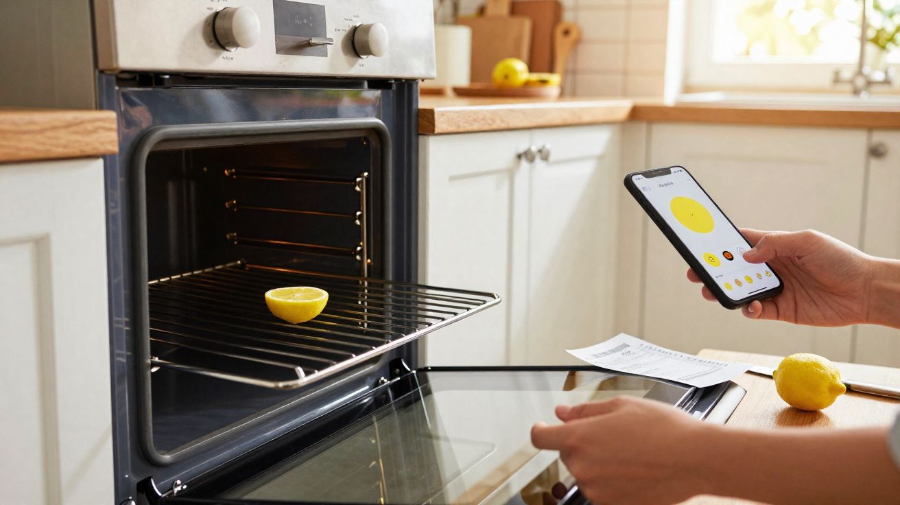 Mão a segurar telemóvel com app aberta, próximo a forno aberto com metade de limão sobre grelha na cozinha.