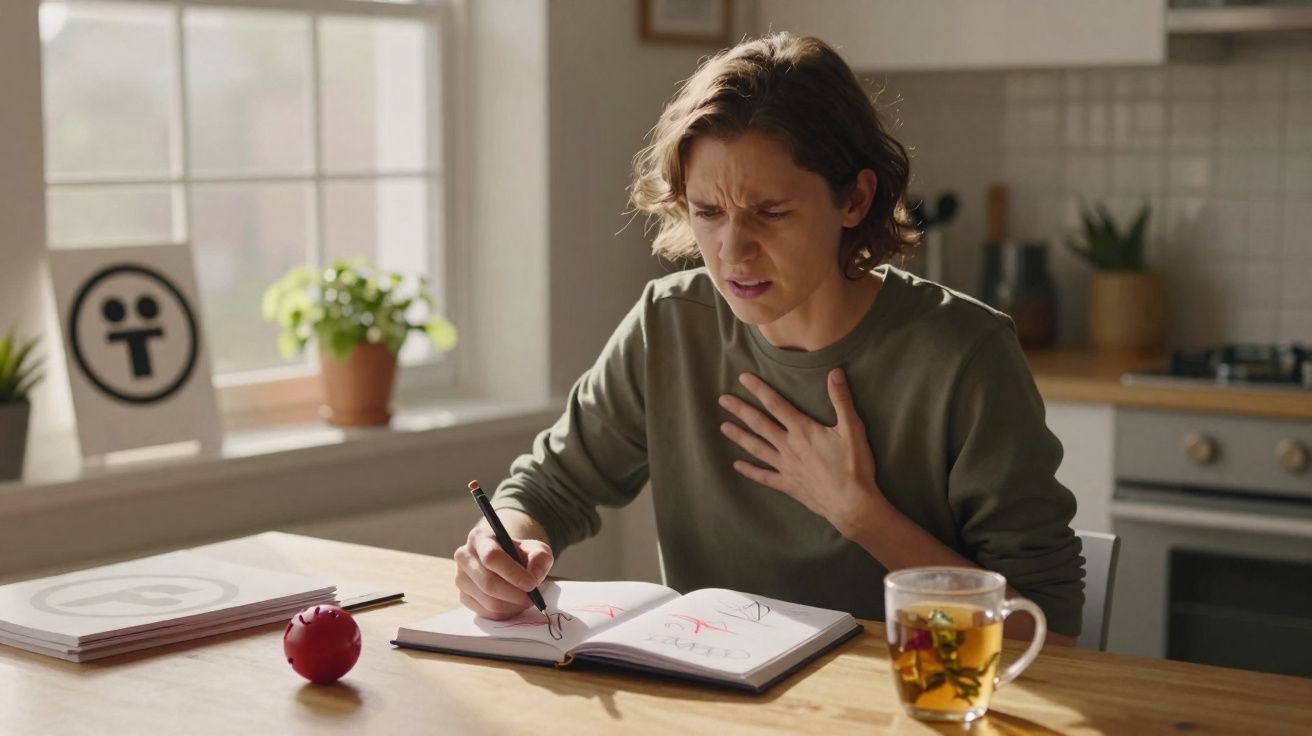 Mulher com expressão de desconforto segura o peito enquanto desenha num caderno numa cozinha iluminada.