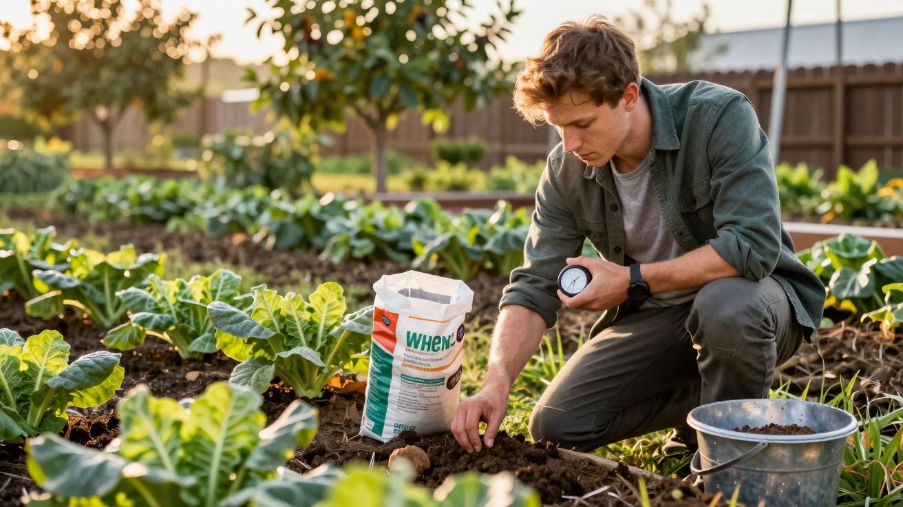 Homem a medir húmus do solo numa horta com plantas verdes em dia soalheiro ao ar livre.