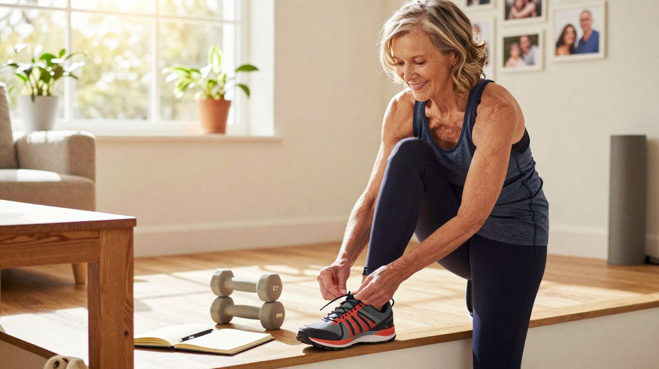 Mulher madura a amarrar ténis para fazer exercício em casa, com halteres e caderno no chão.