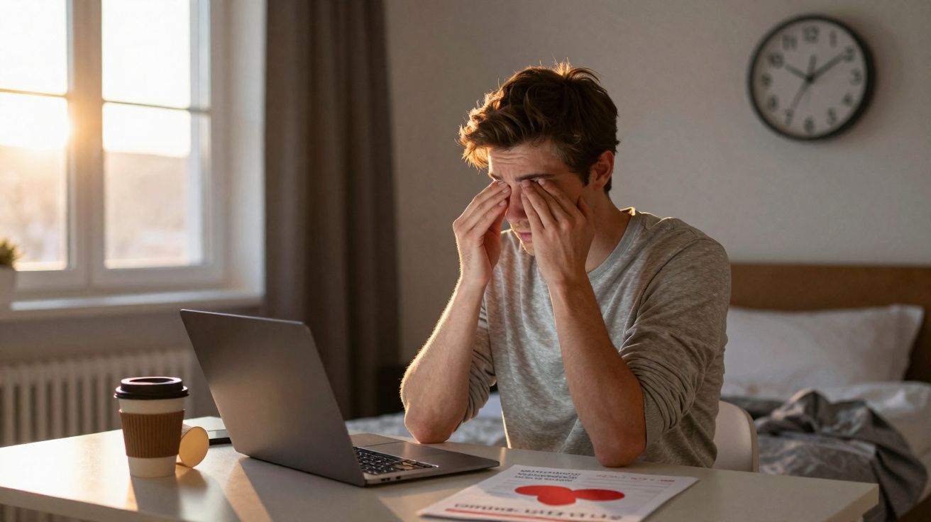 Homem cansado esfrega os olhos sentado numa mesa com computador e documento numa divisão iluminada pelo sol.