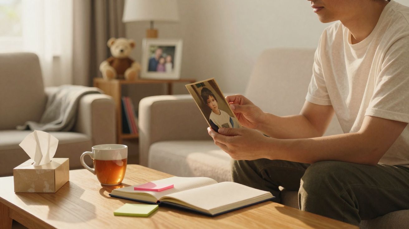 Pessoa sentada a olhar uma fotografia antiga enquanto está numa sala com chá e bloco de notas na mesa.