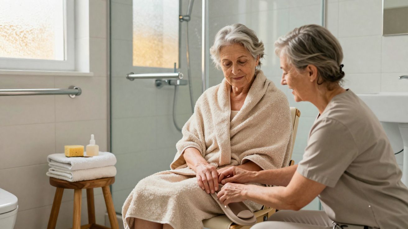 Mulher idosa com roupão sentada numa cadeira de banho enquanto outra mulher a ajuda a calçar chinelos.