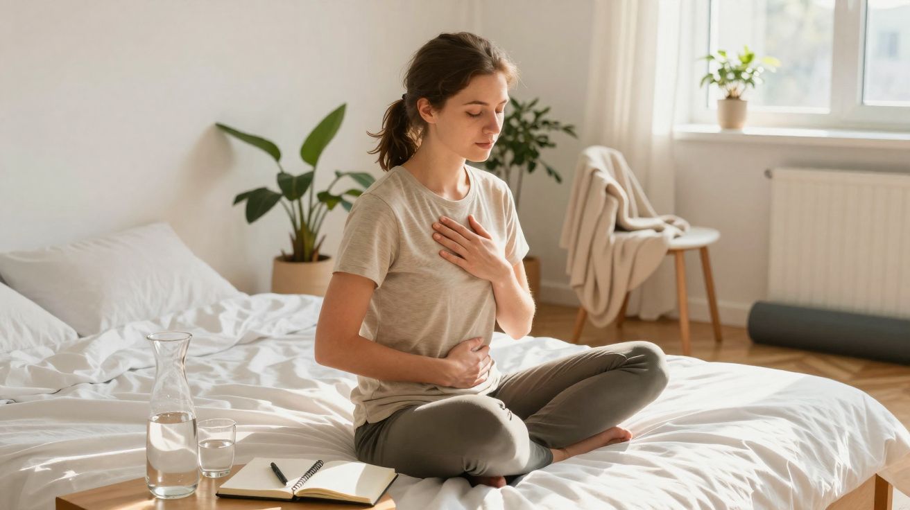 Mulher sentada na cama com expressão de dor, segurando peito e estômago, num quarto iluminado e relaxante.