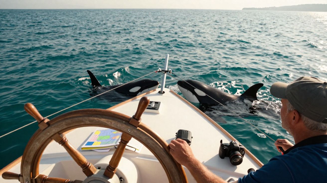 Homem num barco observa duas orcas nadando junto à proa num mar calmo sob céu limpo.