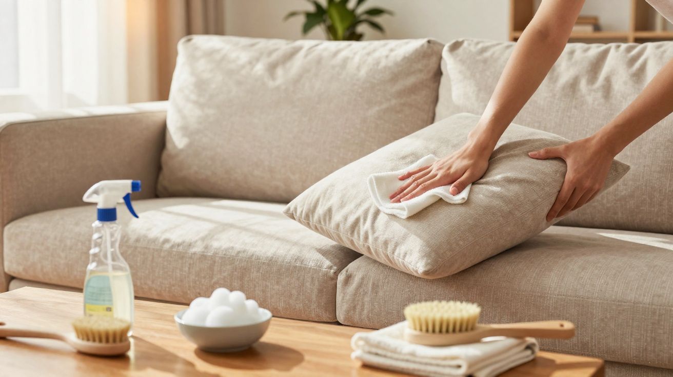Pessoa a limpar uma almofada de sofá bege com um pano branco numa sala iluminada.