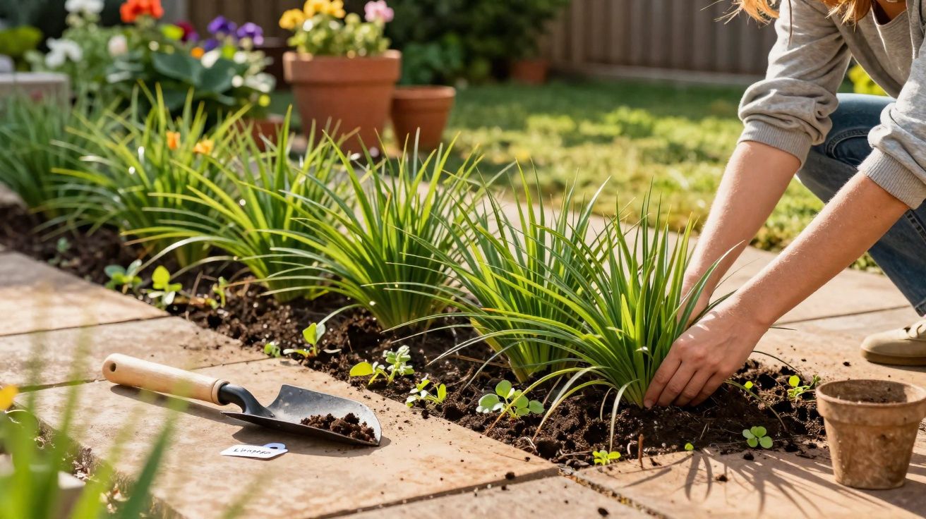 Pessoa a plantar plantas verdes num canteiro junto a vasos de flores coloridas num jardim iluminado.