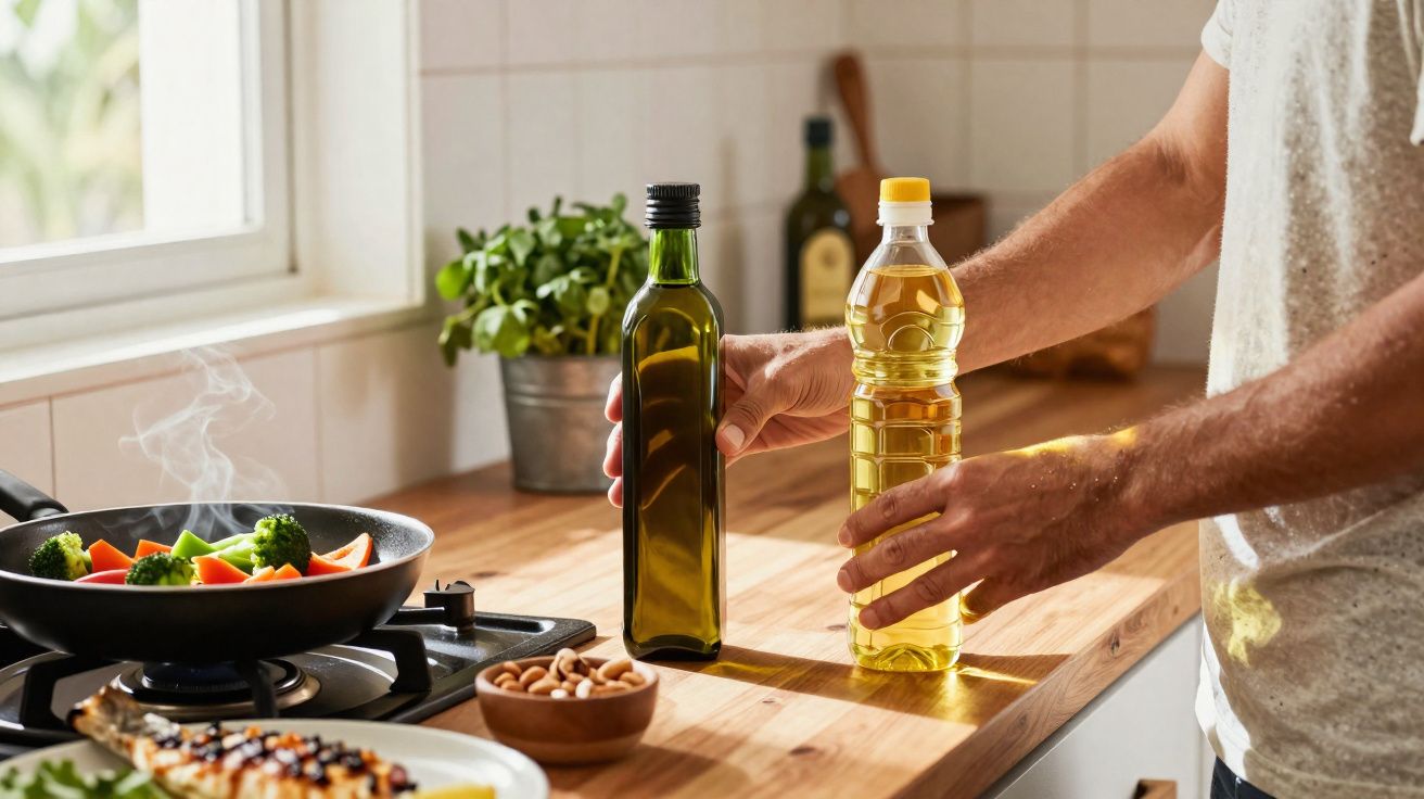 Pessoa a segurar garrafas de azeite junto a fogão com frigideira a cozinhar legumes e planta na cozinha.