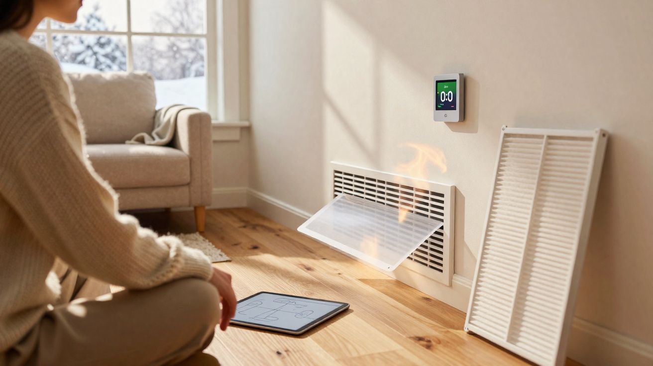 Pessoa sentada junto a aquecedor com tampa removida num quarto iluminado por luz natural