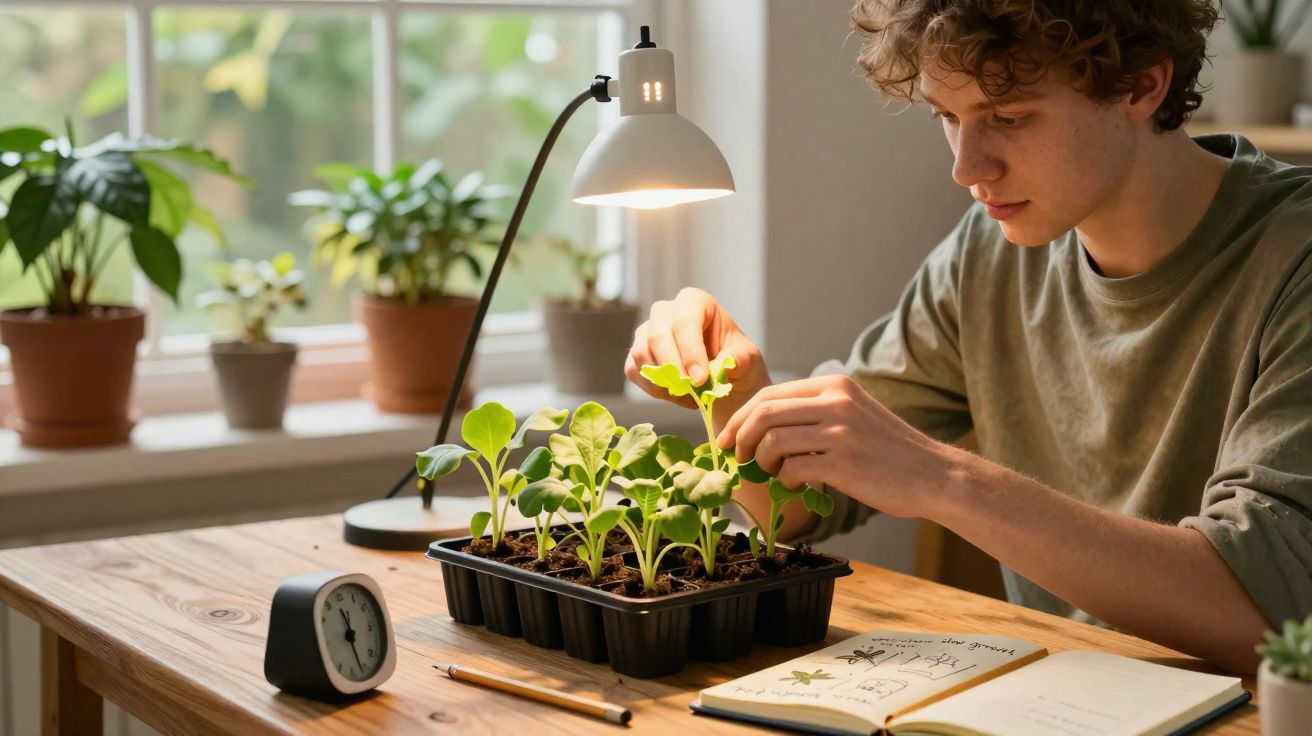 Jovem a cuidar de plantas jovens num tabuleiro, com caderno e despertador sobre a mesa de madeira perto de uma janela.