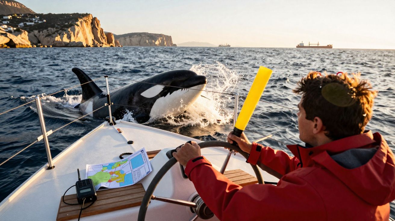 Homem num barco à vela com orca a surgir ao lado, em mar calmo junto a falésias ao entardecer.