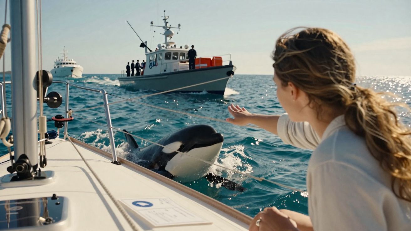 Mulher em barco a tentar tocar uma orca perto de um outro barco com pessoas no mar calmo.