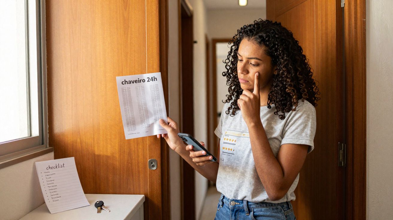 Mulher a olhar pensativa para uma lista de números de chaveiros 24h, segurando um telemóvel.