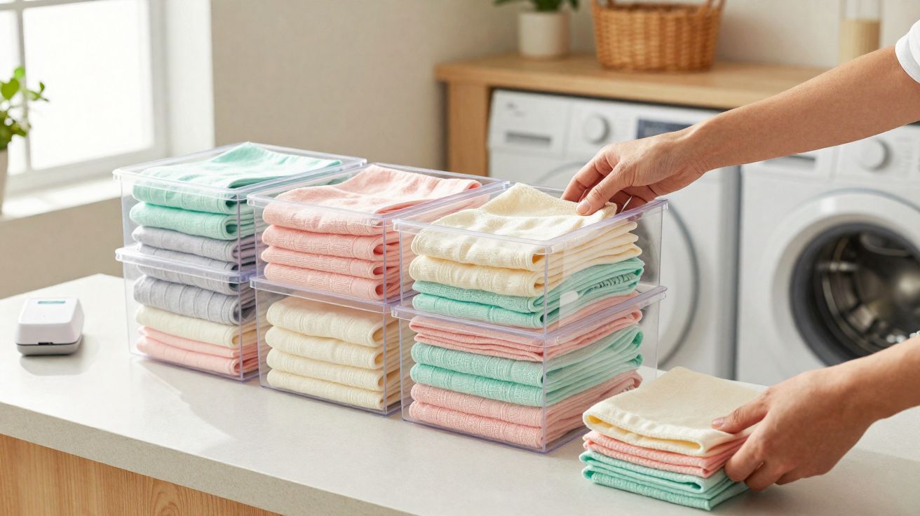 Pessoa a arrumar toalhas coloridas dobradas em caixas transparentes numa bancada de lavanderia.