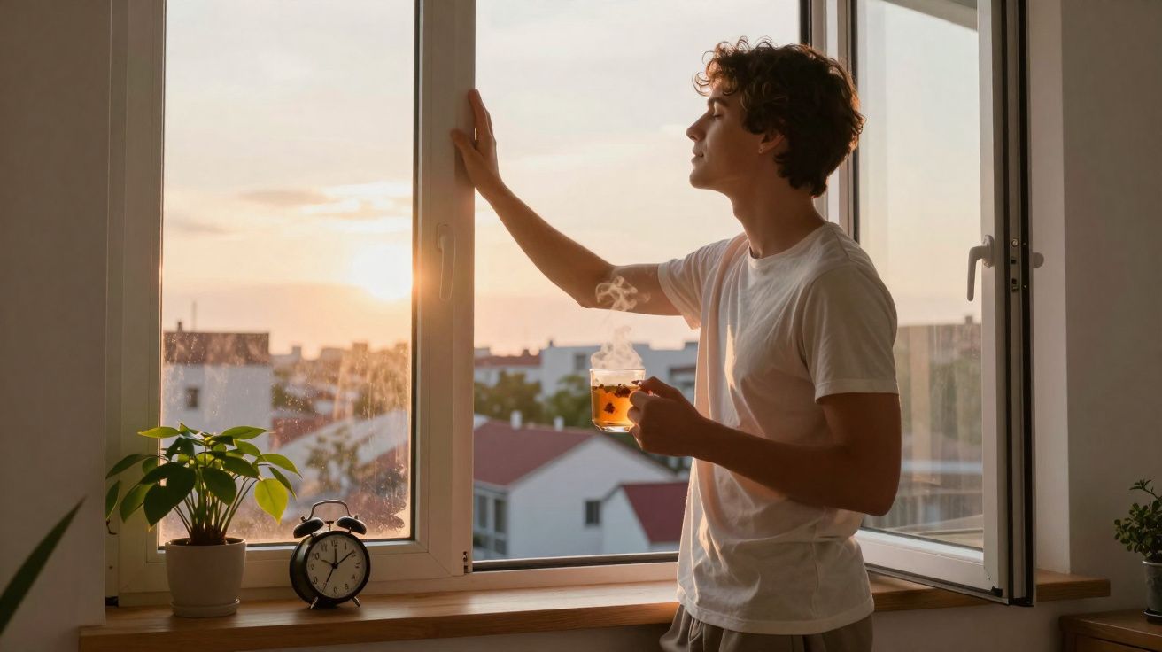 Jovem com chá quente observa o nascer do sol junto à janela aberta de um apartamento.