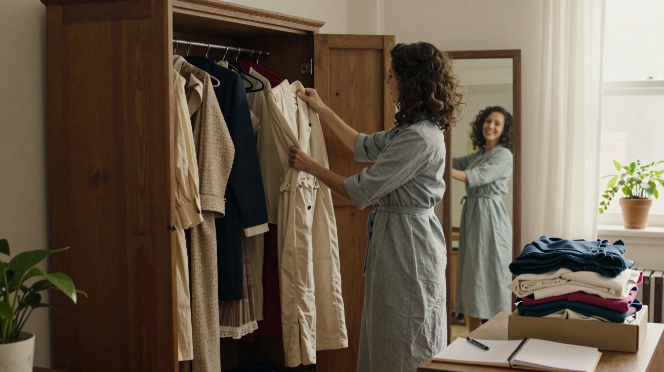 Mulher a escolher roupa num guarda-roupa de madeira, com espelho e pilha de roupa dobrada numa mesa.