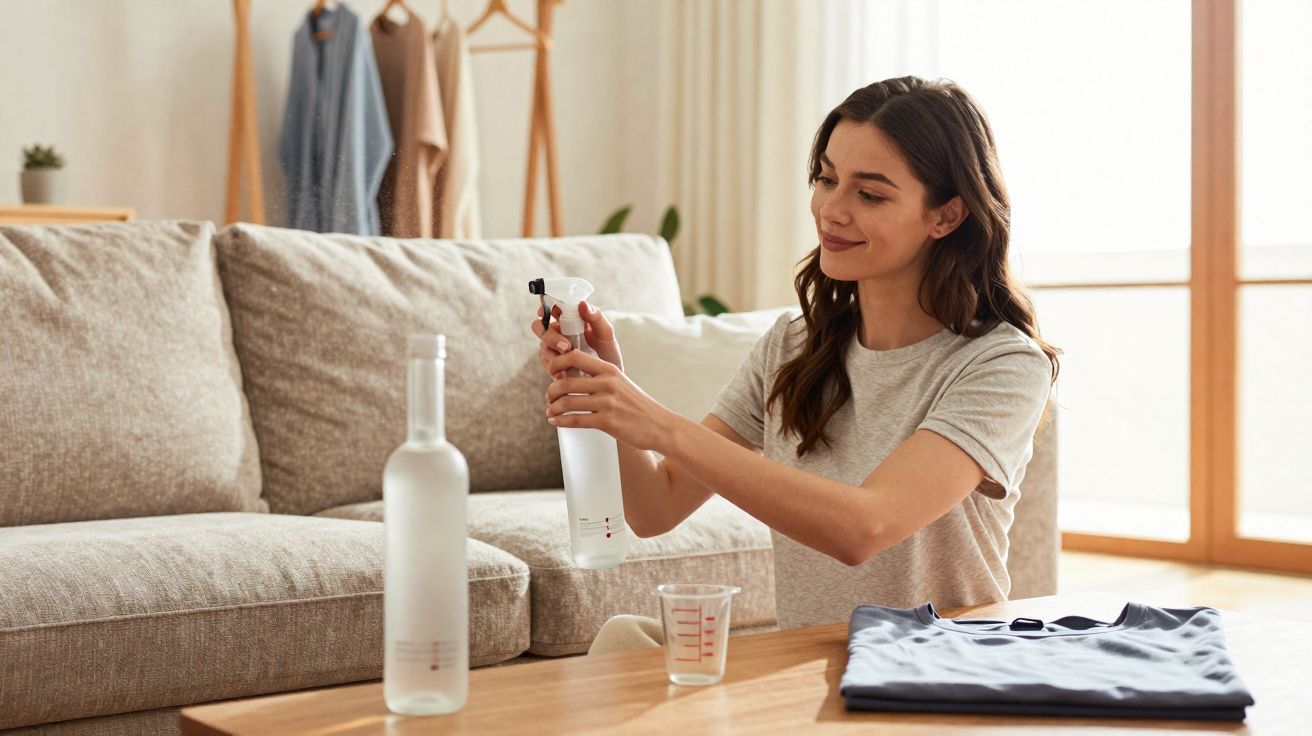Mulher a preparar solução de limpeza caseira num ambiente luminoso e acolhedor em casa.