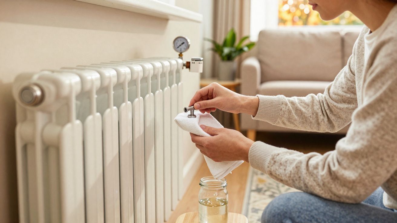 Pessoa a limpar radiador branco numa sala com móvel e planta ao fundo.