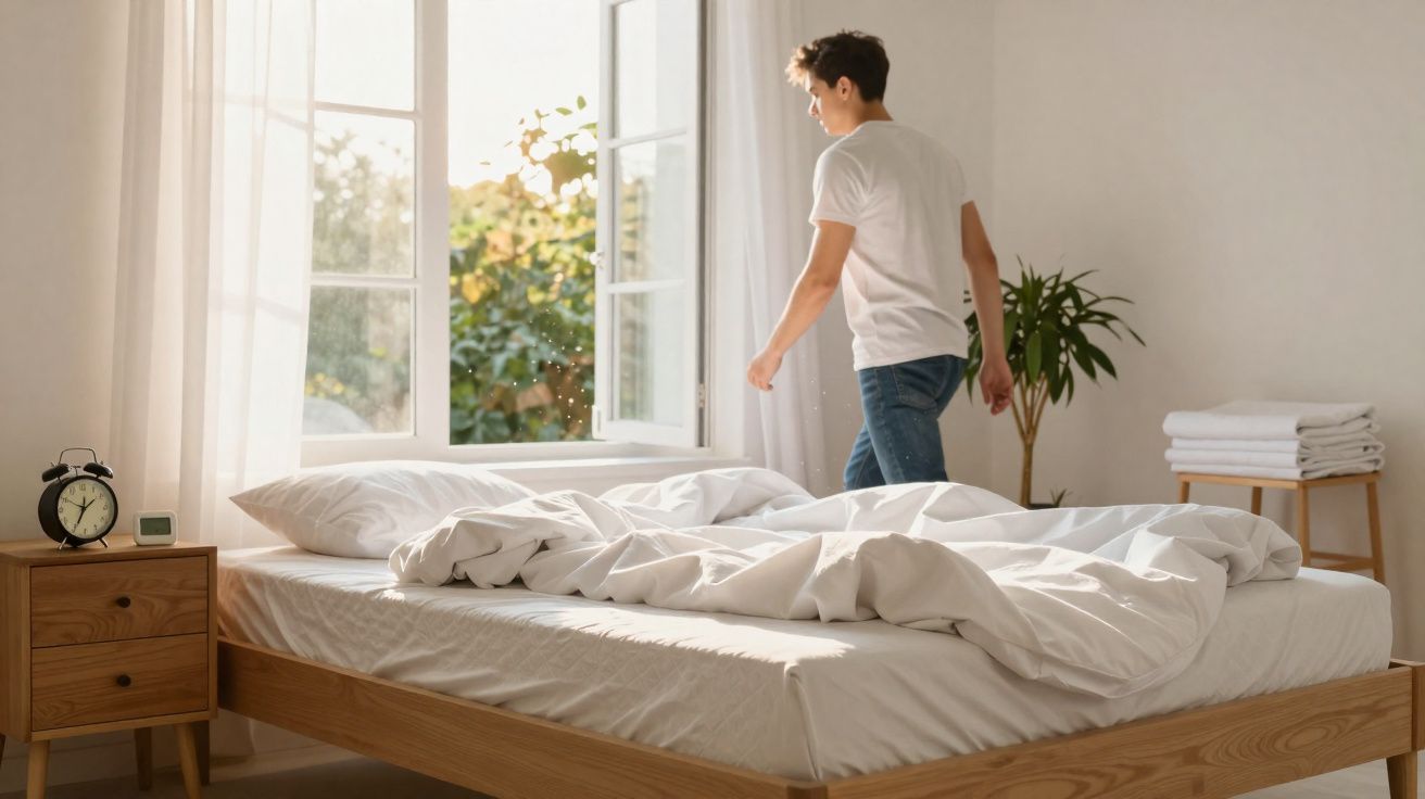 Quarto iluminado pela manhã, com cama desfeita e homem a abrir janela para deixar entrar luz natural.