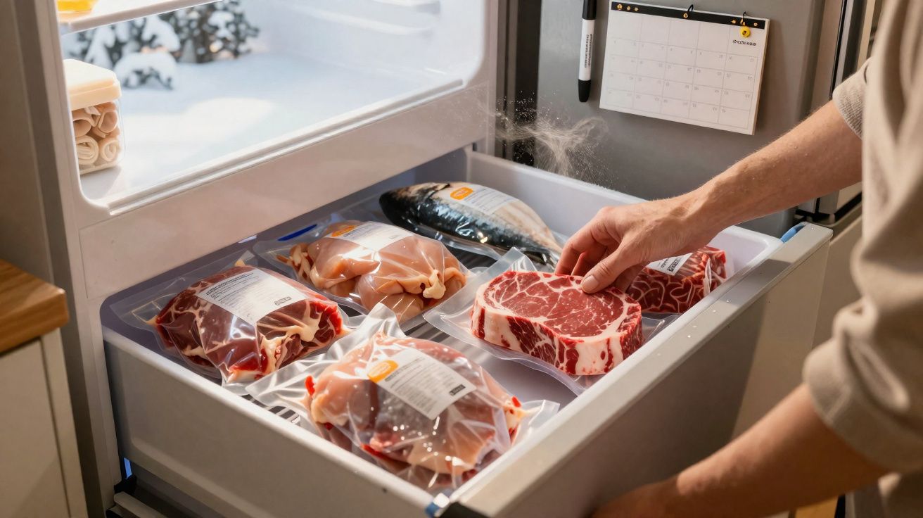 Pessoa a retirar peça de carne embalada a vácuo de um congelador cheio de diferentes carnes embaladas.