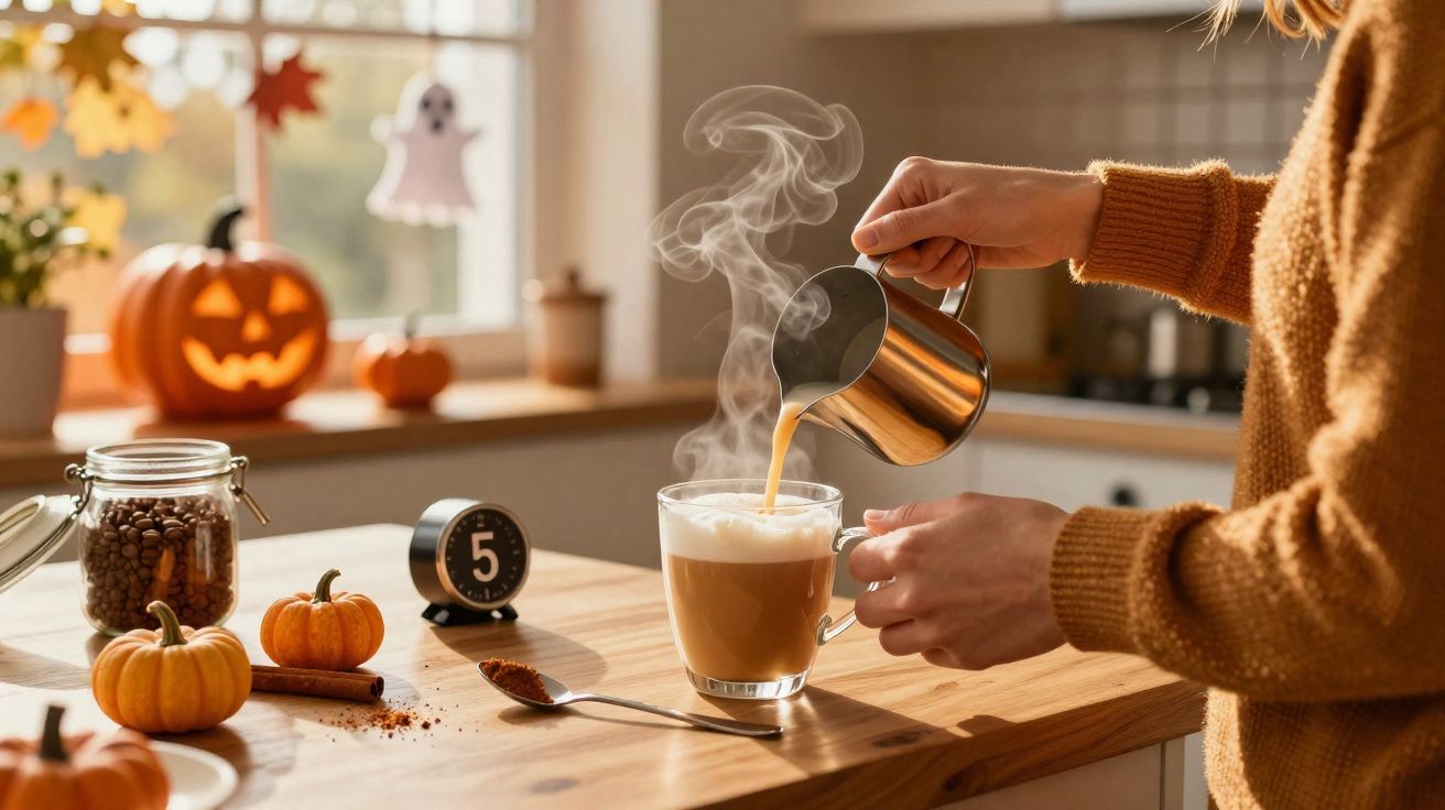 Pessoa a preparar café com leite quente numa cozinha decorada com abóboras e um fantasma de Halloween.
