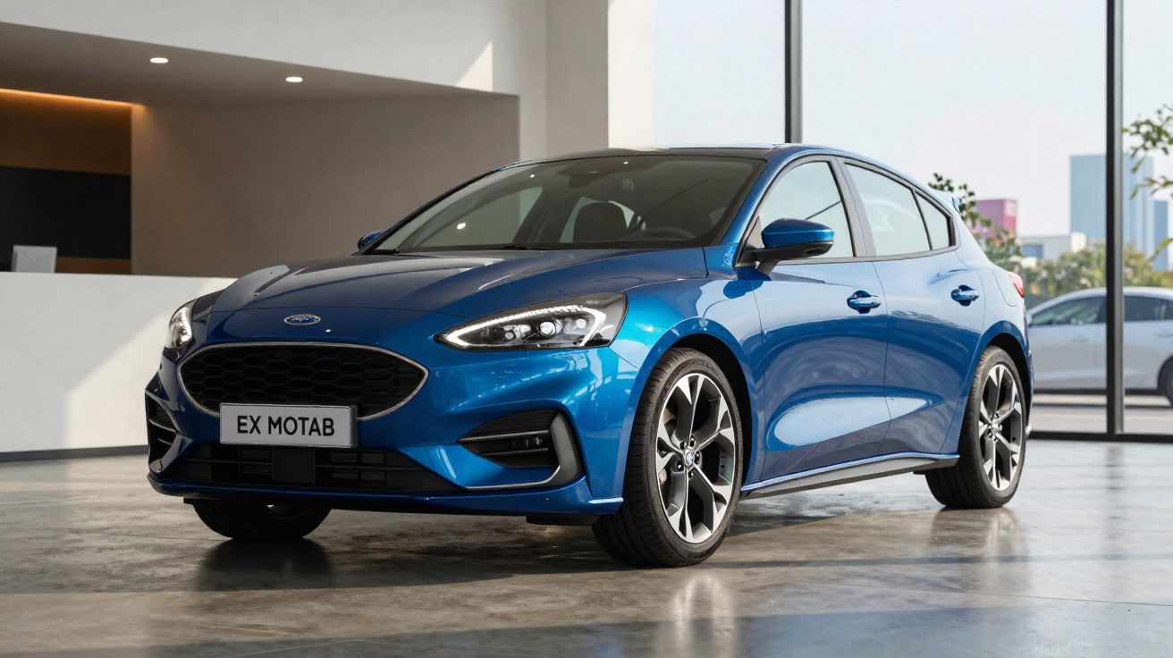 Carro desportivo azul estacionado dentro de um edifício moderno com grandes janelas.