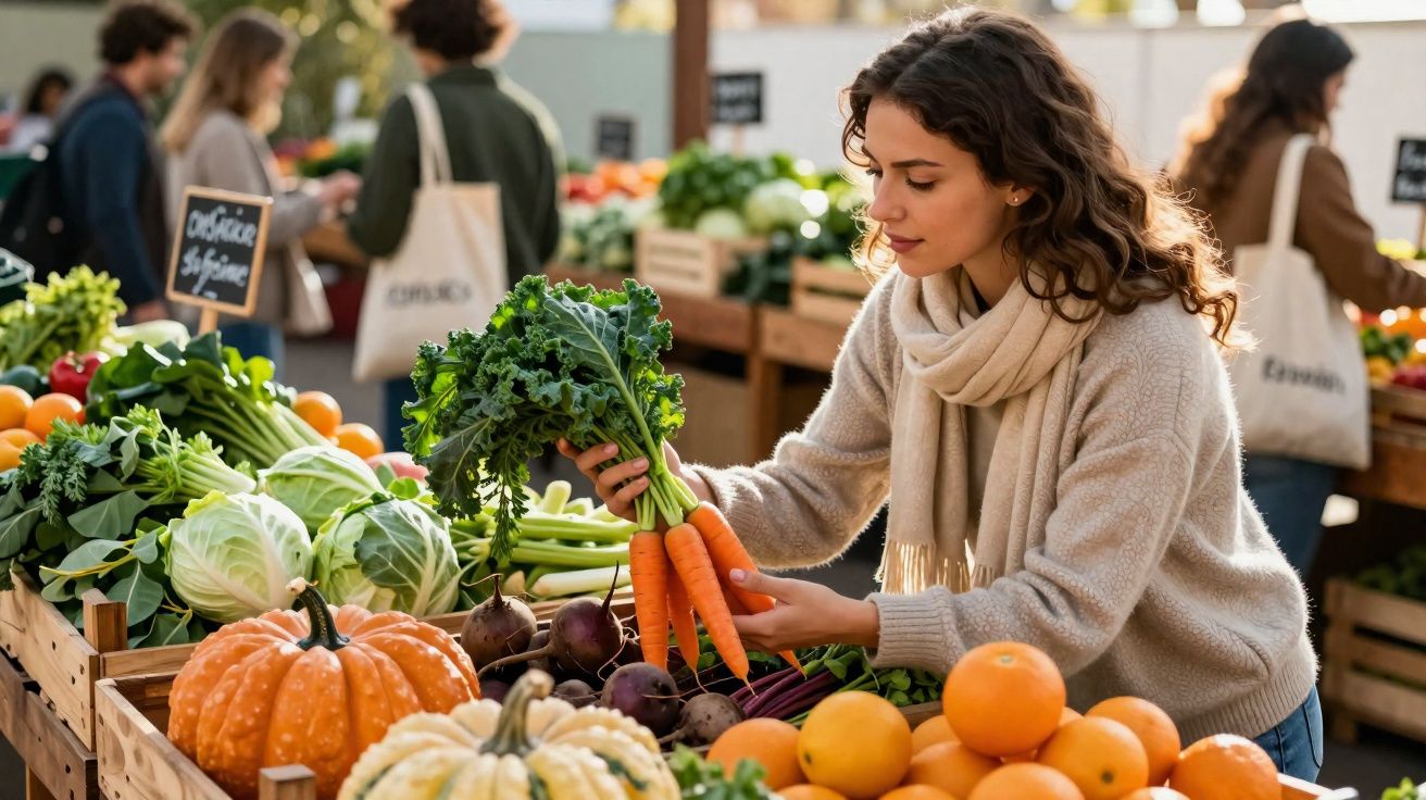 Mulher a escolher cenouras no mercado de rua com variedade de frutas e legumes frescos à sua volta.