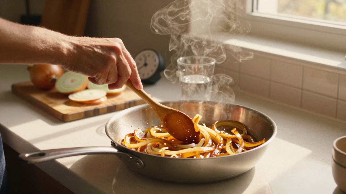 Mão a mexer cebolas fatiadas dourando numa frigideira com vapor numa cozinha iluminada.