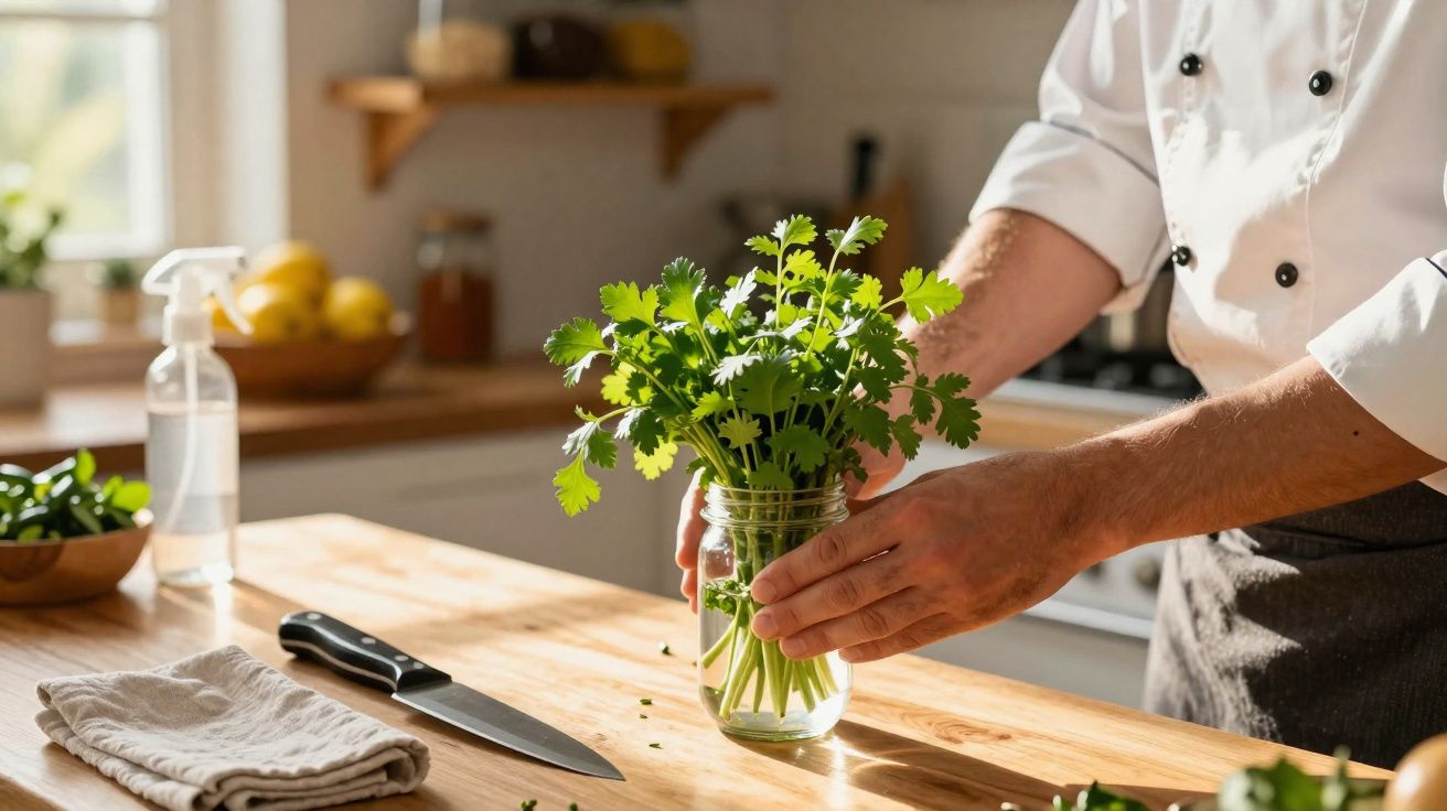 Chef a colocar um ramo de coentros frescos num frasco com água numa cozinha iluminada.